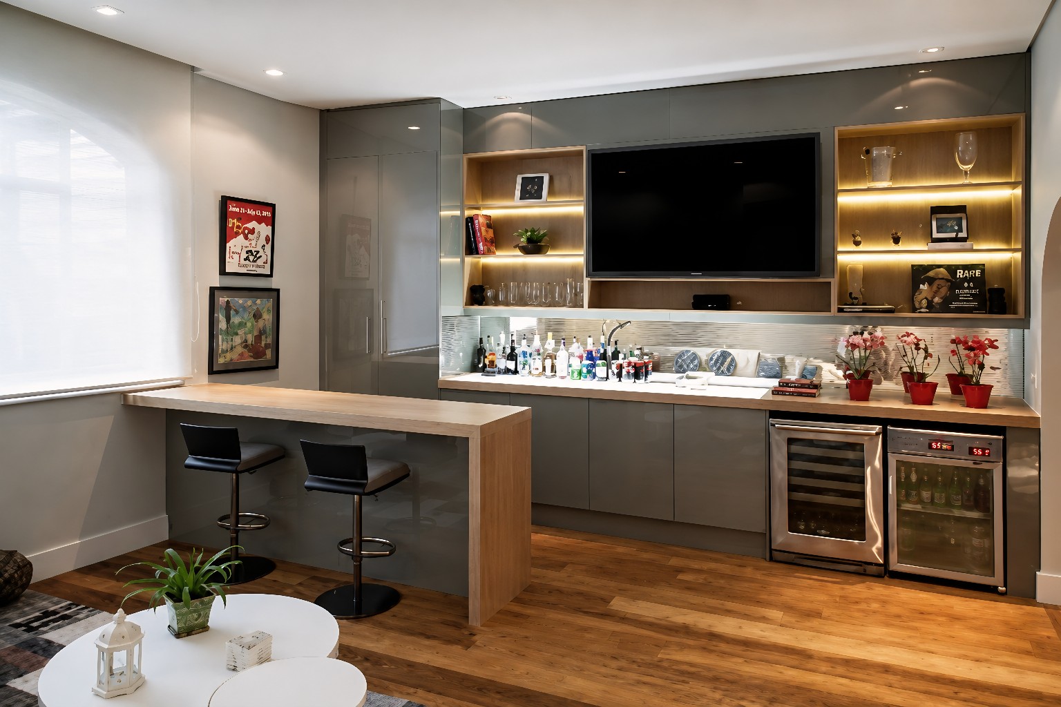 Espaço gourmet planejado em cinza e madeira com bar, adega e nichos iluminados
