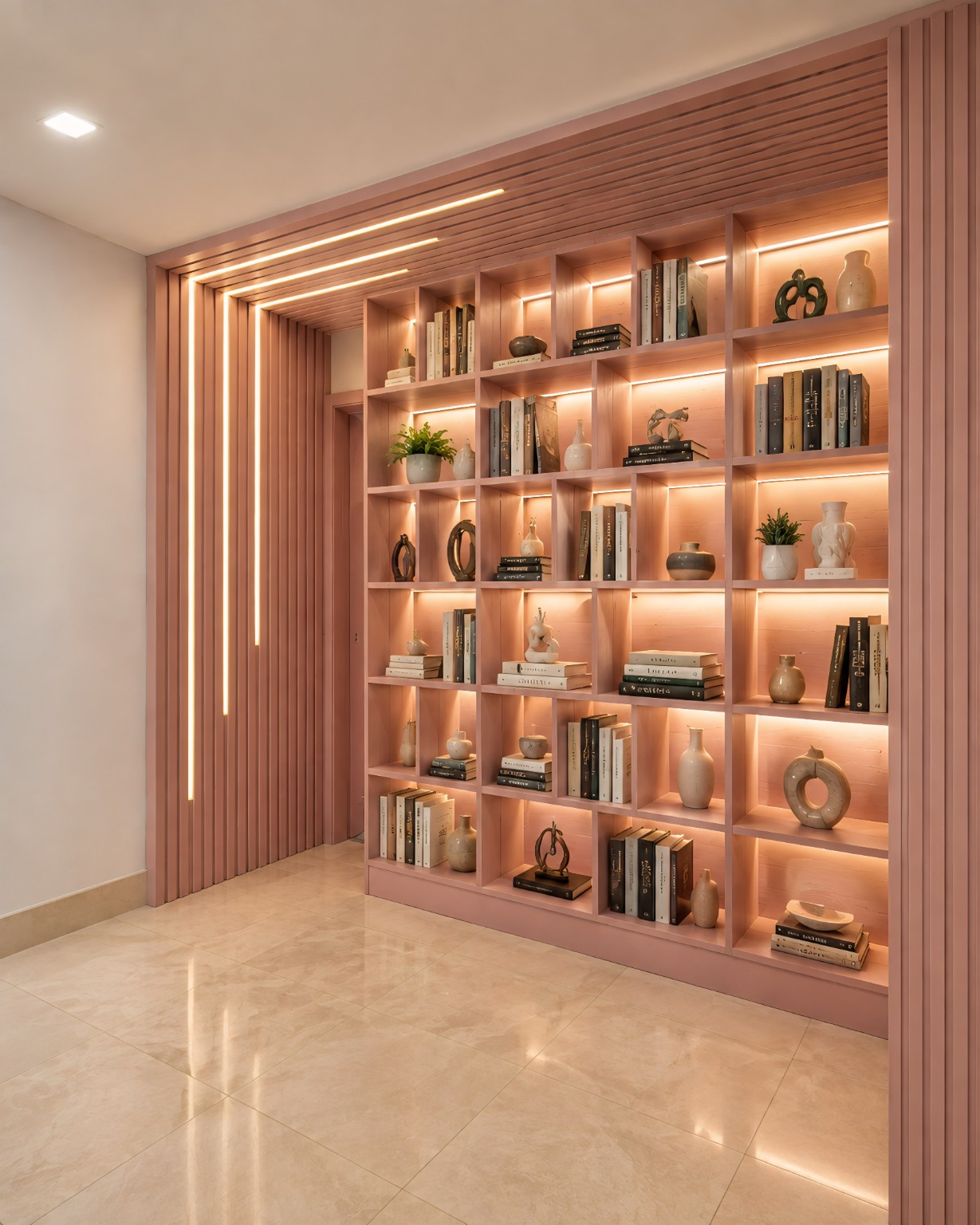 Estante rosa planejada com nichos, ripado e iluminação em LED